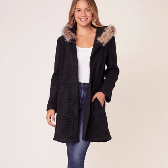 BB Dakota Brushed Ribbed Coat with Fur Trim Hood - Picture 1 of 5